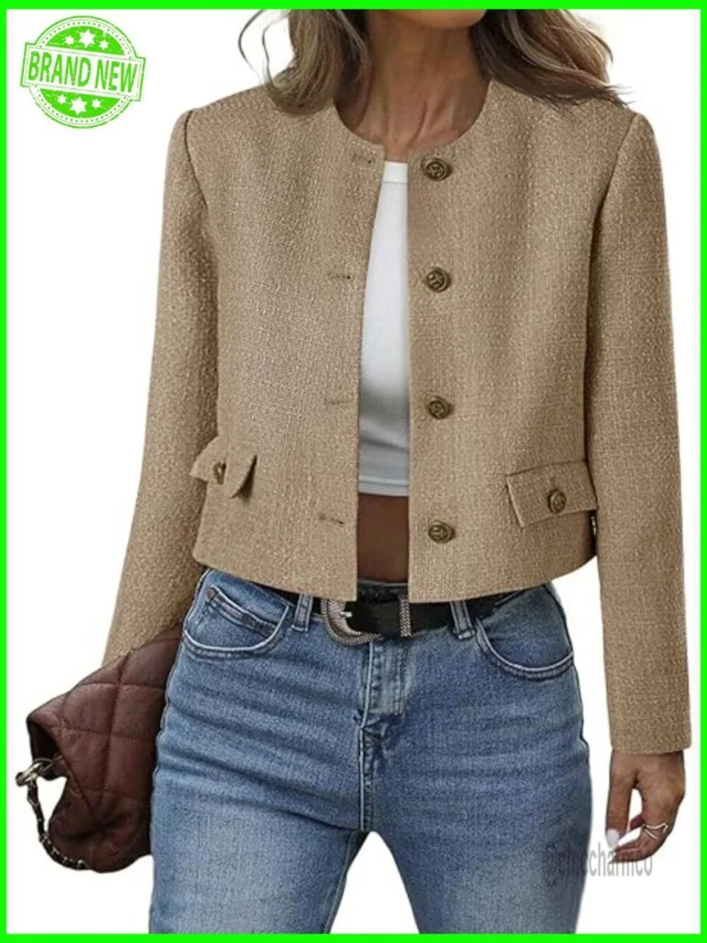 Womens Collarless Cropped Tweed Blazer Jacket Casual Business Fall Bomber